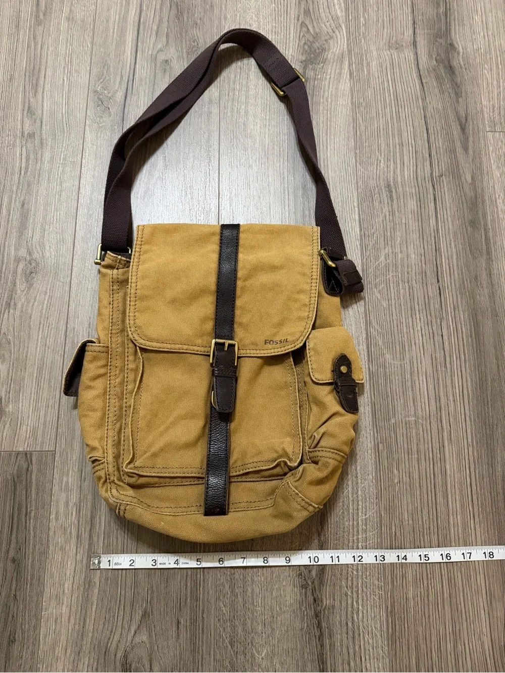 Fossil Men's Tan Canvas Messenger Bag with Dark Brown Accents